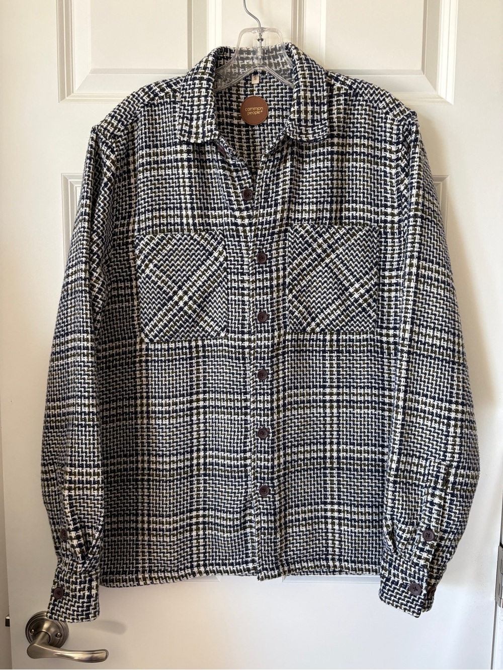 Casual Blue Green & White Houndstooth Button-Down Shirt jacket